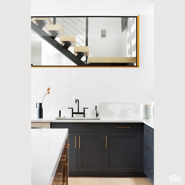 Navy and White Kitchen with Fixed Window by Synthesis Design