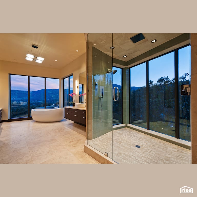 Master bathroom shower and soaker tub with Low-Flow Showerhead by Alpen High Performance Products