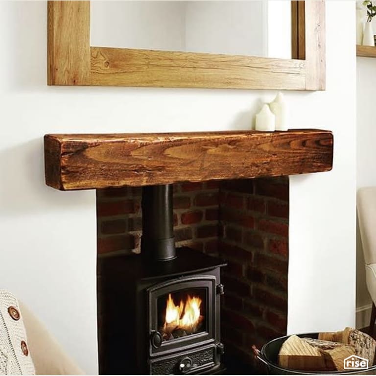 Living room with finished wood fireplace mantle with Interior Wood Finish by Vermont Natural Coatings