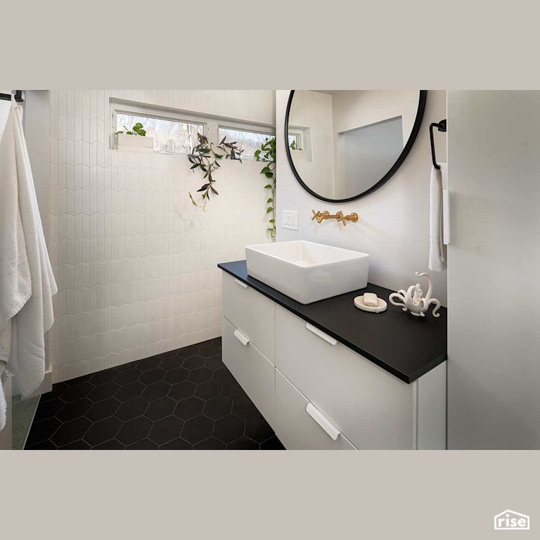 Black and white bathroom with Low-Flow Kitchen Faucet by Deltec Homes