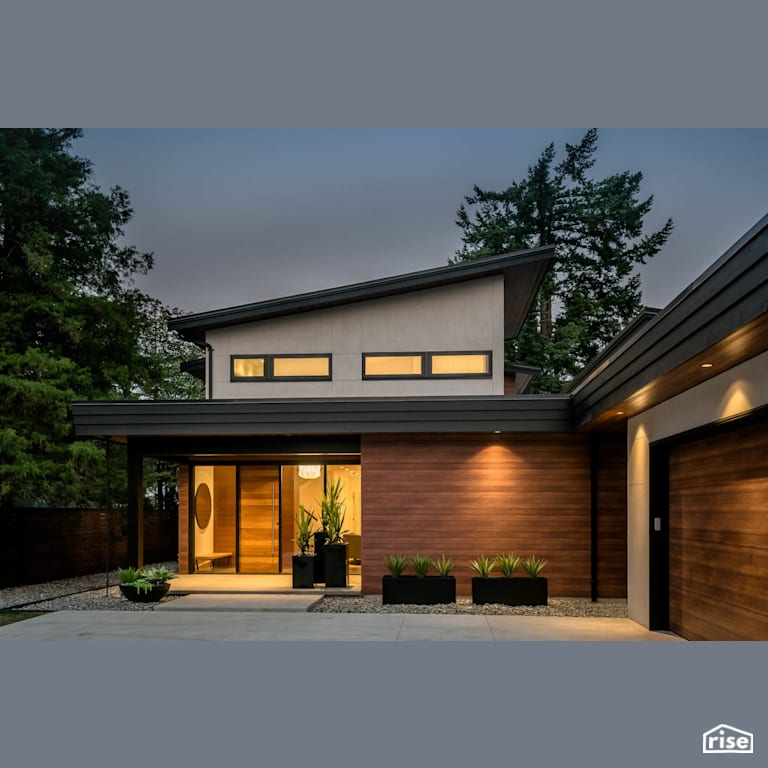 Fort Langley Modern Blend - Exterior with Accent Outdoor Lighting by My House Design/Build Team Ltd.