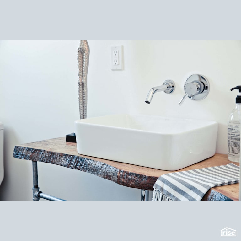 Raw Edgewood Vanity with Low-Flow Bathroom Faucet by Reimagine Designs