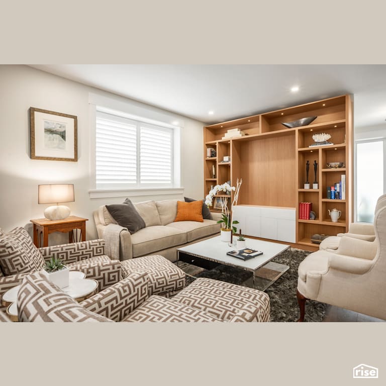 Ferguson House Living Room with Wood Veneer Cabinet by Lanefab Design/Build