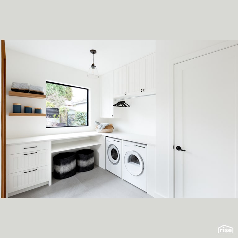 White Bright Laundry Room with LED Lighting by Synthesis Design