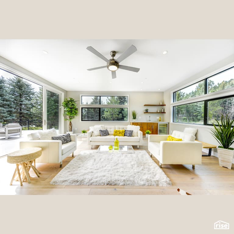 Light, airy and comfortable living room lots of windows with Integrated LED by Alpen High Performance Products