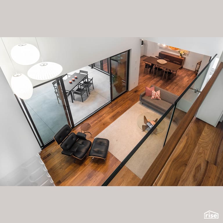 Fort Langley Modern Blend - Living Room Birdseye View with Engineered Hardwood by My House Design/Build Team Ltd.