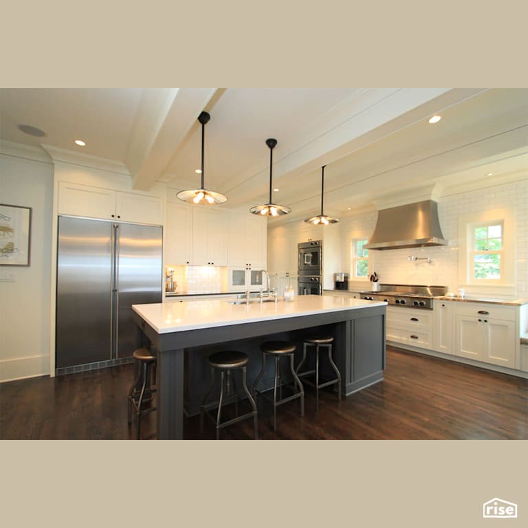 Bright white kitchen with stainless steel with Gas Range by Gant Nychay Architecture PLLC