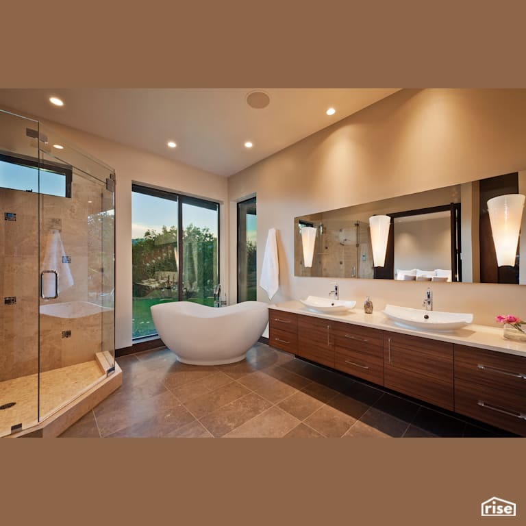 Master-bathroom with soaker tub with Wood Veneer Cabinet by Alpen High Performance Products