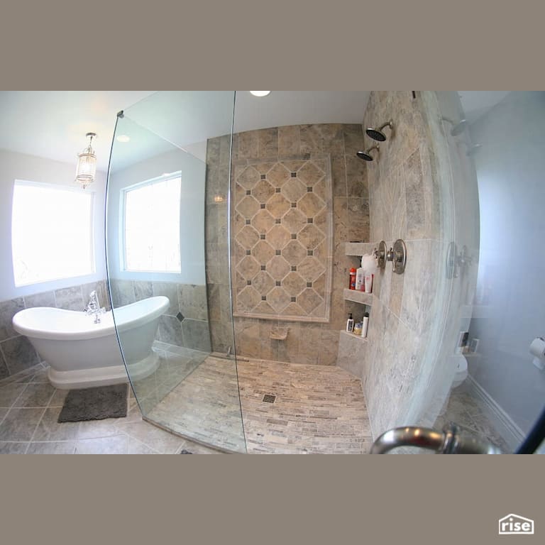 Walk-in dual low-flow showerhead with Integrated LED by Revolve Design Build