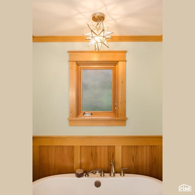 Natural Wood Bathroom with Soaker Tub with Low-Flow Bathroom Faucet by Winsome Construction