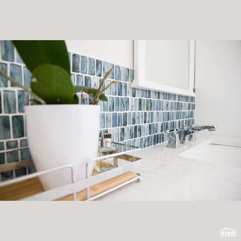 Ensuite Bathroom Backsplash with FSC Certified Wood Cabinet by Osez Interiors