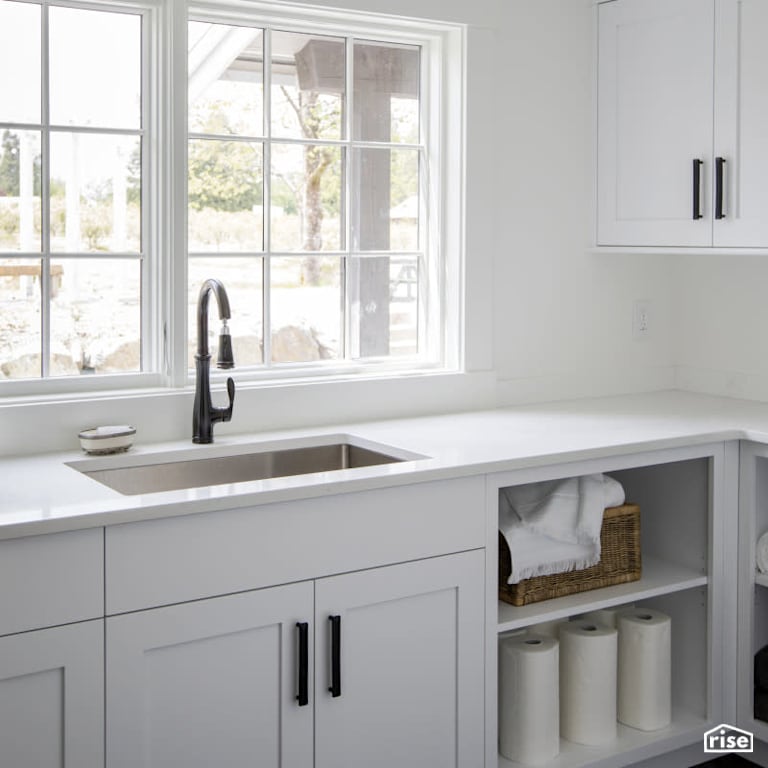 Laundry Room with Wood Veneer Cabinet by PlaidFox