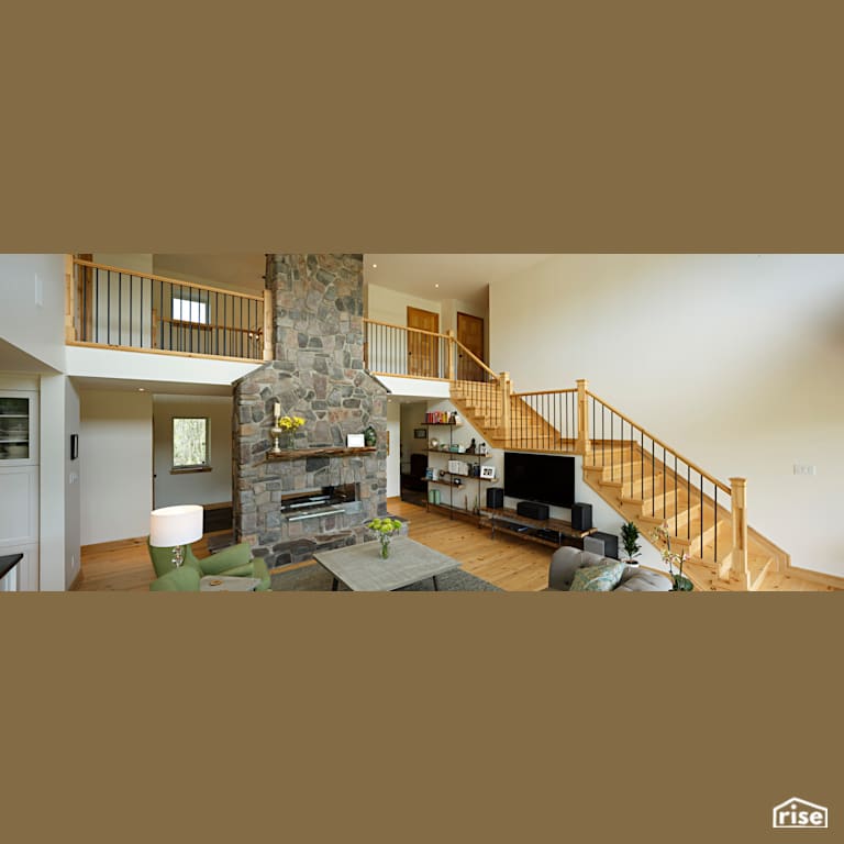 Red Castle Great Room Staircase with Reclaimed Hardwood by The Conscious Builder