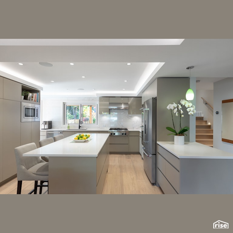 Grey and White Kitchen with Island with Refrigerator by Synthesis Design