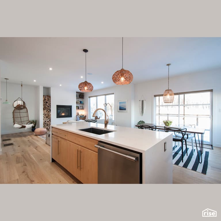 Paradiso Kitchen Island and Dining with Gas Fireplace by Bowers Construction