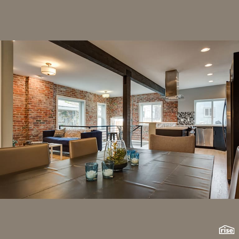 Large open concept living room, kitchen and dining room with Integrated LED by Alpen High Performance Products
