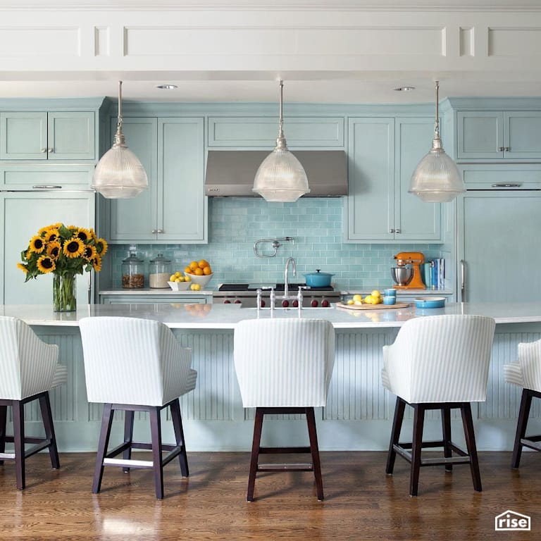 Coral blue kitchen with finished hardwood floors with Interior Wood Finish by Vermont Natural Coatings