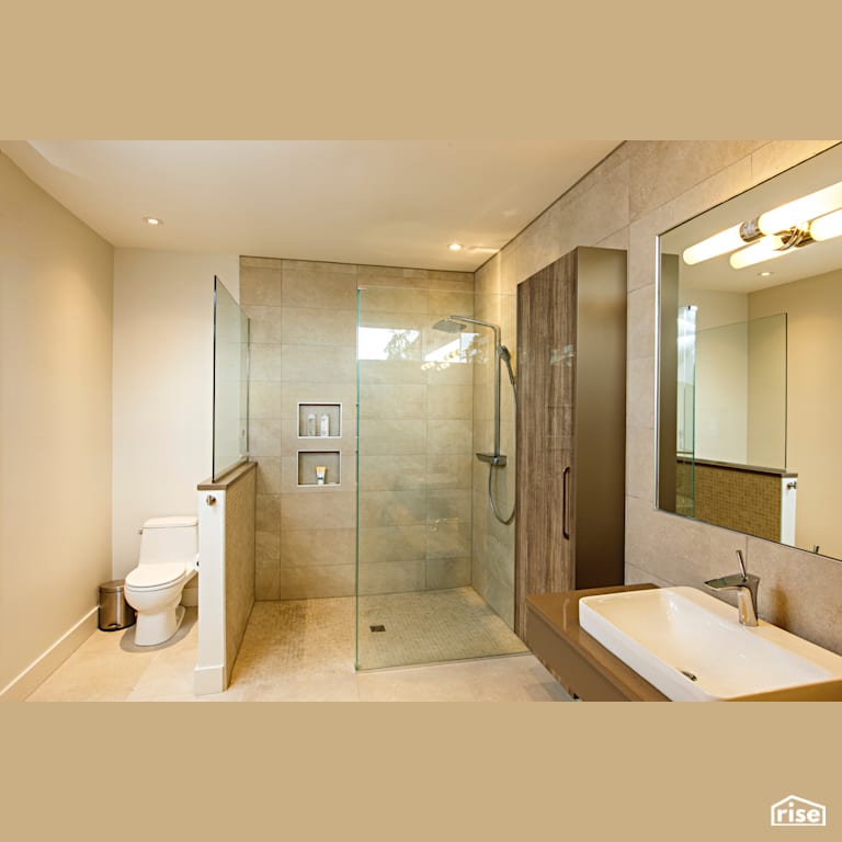 Selby Bathroom - Open Shower  with Low-Flush Toilet by The Conscious Builder