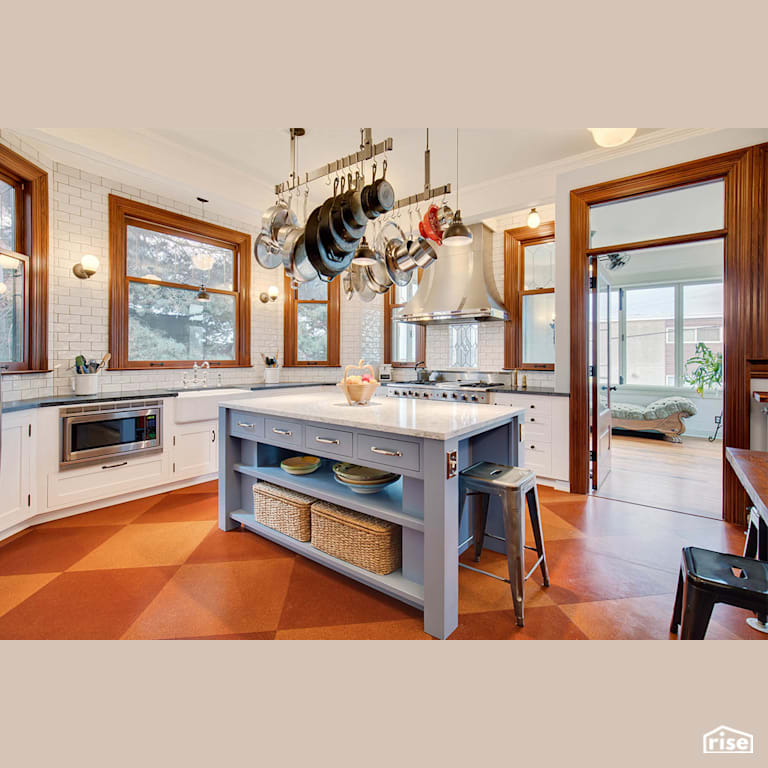 Beacon Hill Victorian kitchen island with Gas Range by Gant Nychay Architecture PLLC