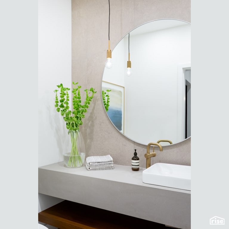 Bathroom with Round Mirror with LED Lighting by Synthesis Design