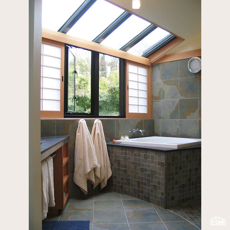 Japanese bath with shoji screens with Low-Flow Bathroom Faucet by Gant Nychay Architecture PLLC