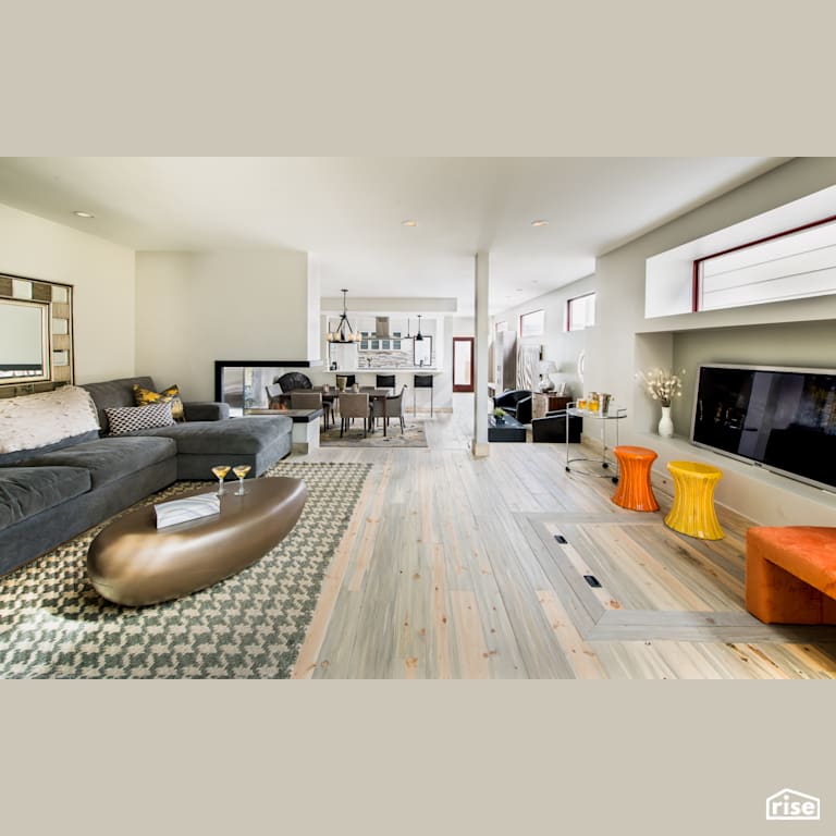 Open living area with feature fireplace with Gas Fireplace by Alpen High Performance Products