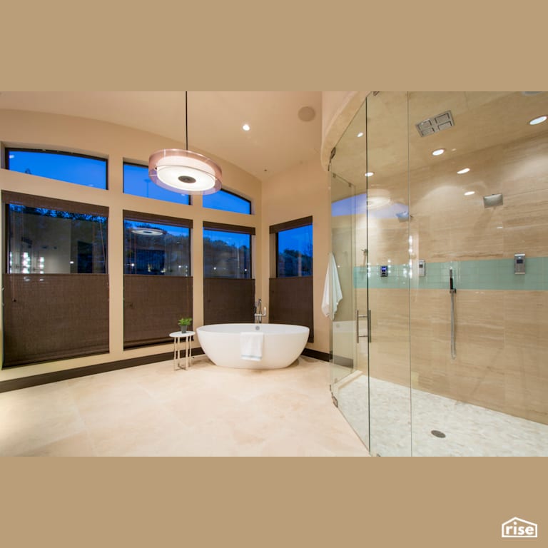 Large shower with soaker tub surrounded by windows with Integrated LED by Alpen High Performance Products