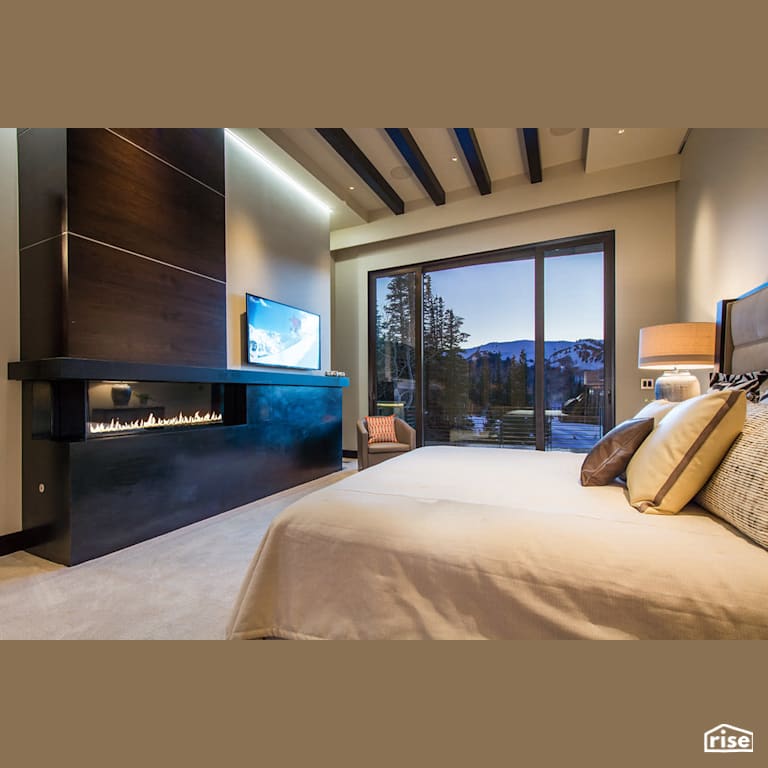 Bedroom with gas fireplace with Carpeting by Alpen High Performance Products