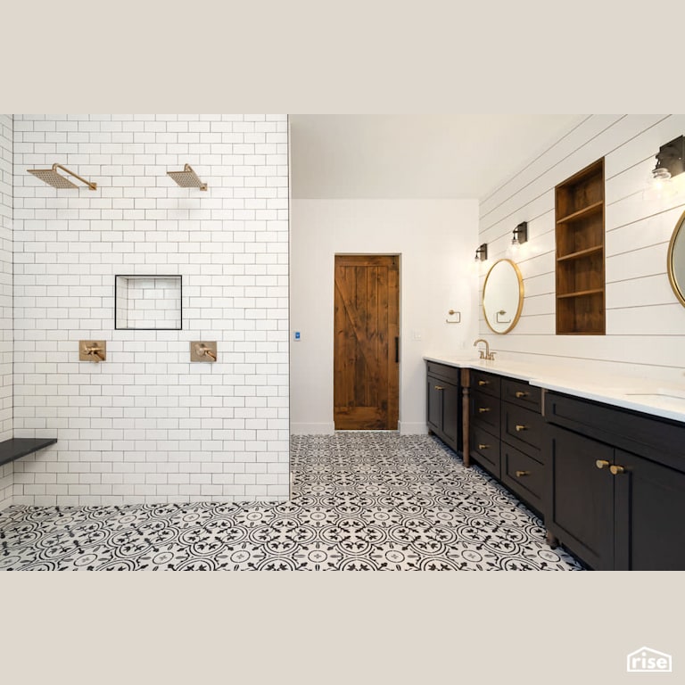 Dual vanity with dual low-flow showerehead with Low-Flow Bathroom Faucet by Revolve Design Build