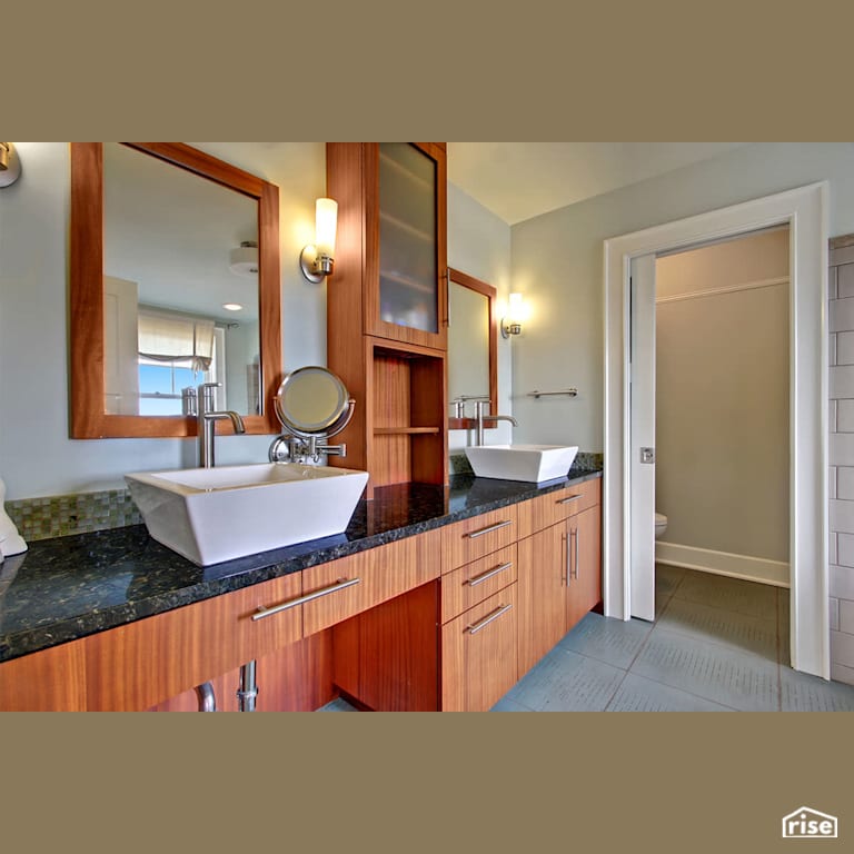 Wood grain bathroom cabinets with Wood Veneer Cabinet by Gant Nychay Architecture PLLC