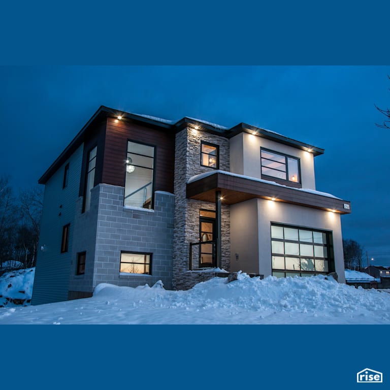 Paradiso Exterior Front Winter with Clapboard Wood Siding by Bowers Construction
