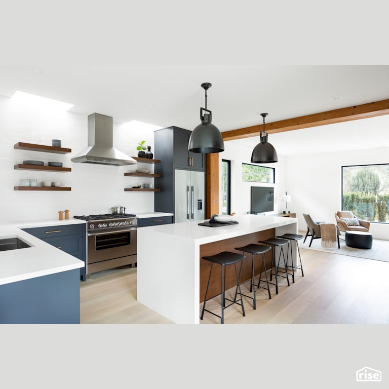 Bright Kitchen and Living Space with Fixed Window by Synthesis Design