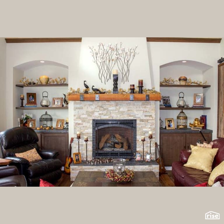 Living Room with Reclaimed Hardwood by Winsome Construction