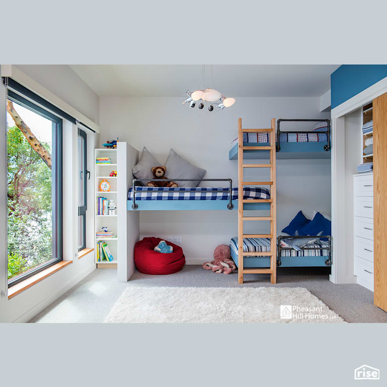Bedroom with blue bunk beds with LED Lighting by Pheasant Hill Homes Ltd.