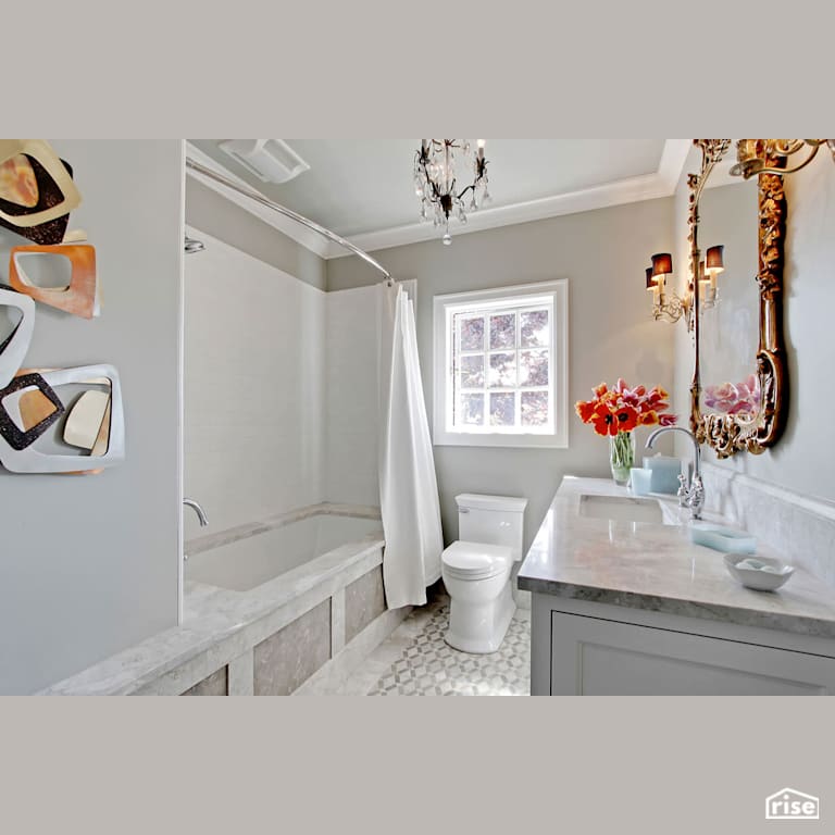 Bathroom with custom soaker tub with Low-Flow Showerhead by Gant Nychay Architecture PLLC
