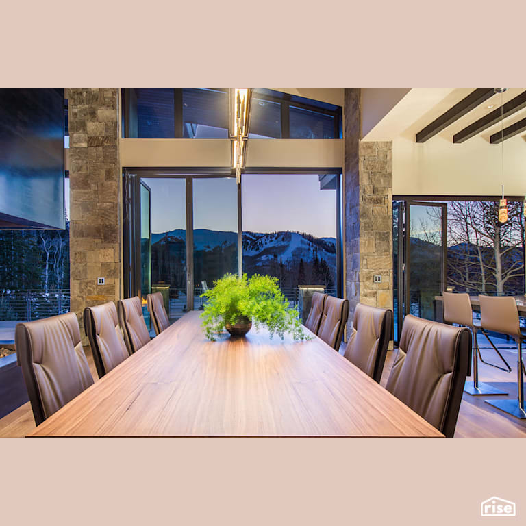 Dining room with mountain view with Fixed Window by Alpen High Performance Products