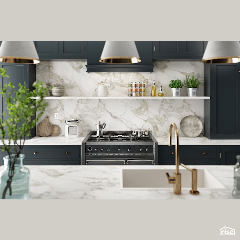 Blue kitchen with tile backsplash and receptacle with Low-Flow Kitchen Faucet by Enerlites, Inc