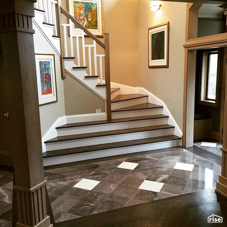 Two tone staircase finish with white accents with Interior Wood Finish by Vermont Natural Coatings