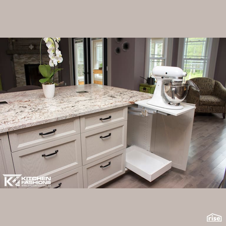Kitchen Fashions - Nuvonoir Kitchen with Custom Island Table with Gas Fireplace by Home Fashions