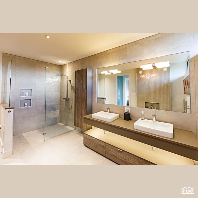 Selby Bathroom - Open Shower & Vanity with Ceramic Tile Floors by The Conscious Builder