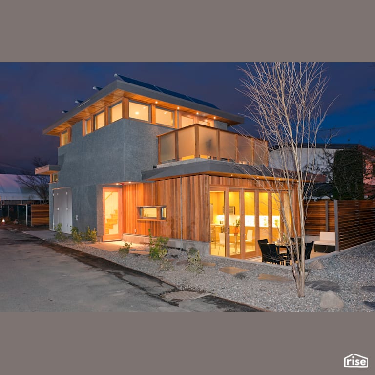 Solar Lane House Exterior night shot with Energy Star Exterior Door by Lanefab Design/Build