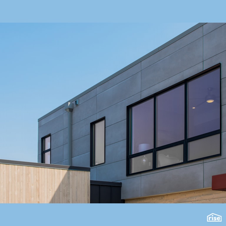 Home exterior with triple glazed windows with Shiplap Wood Siding by Alpen High Performance Products