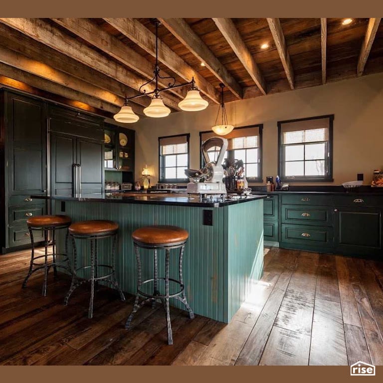 Rustic kitchen with finished reclaimed wood flooring with Interior Wood Finish by Vermont Natural Coatings