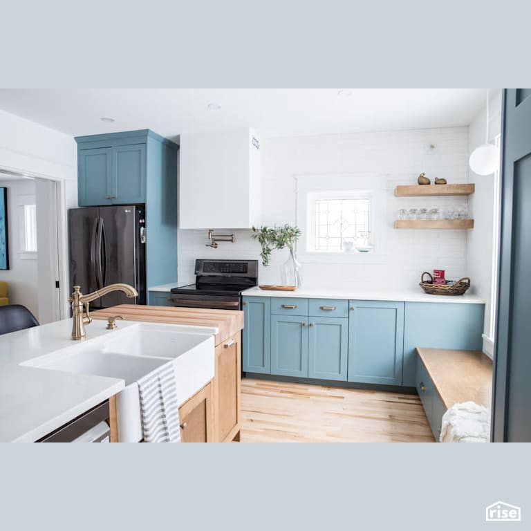 Kitchen island with butcher block with Low-Flow Kitchen Faucet by Reimagine Designs