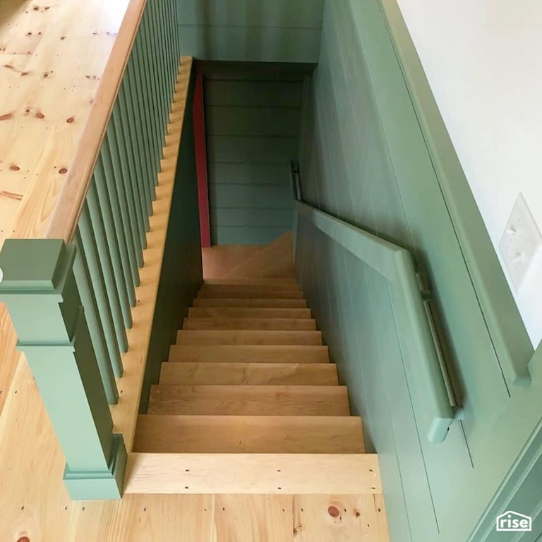 Green staircase with railing with Interior Wood Finish by Vermont Natural Coatings