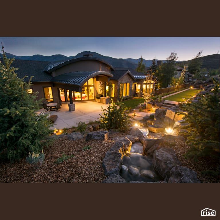 Exterior view from garden with Stone Siding by Alpen High Performance Products