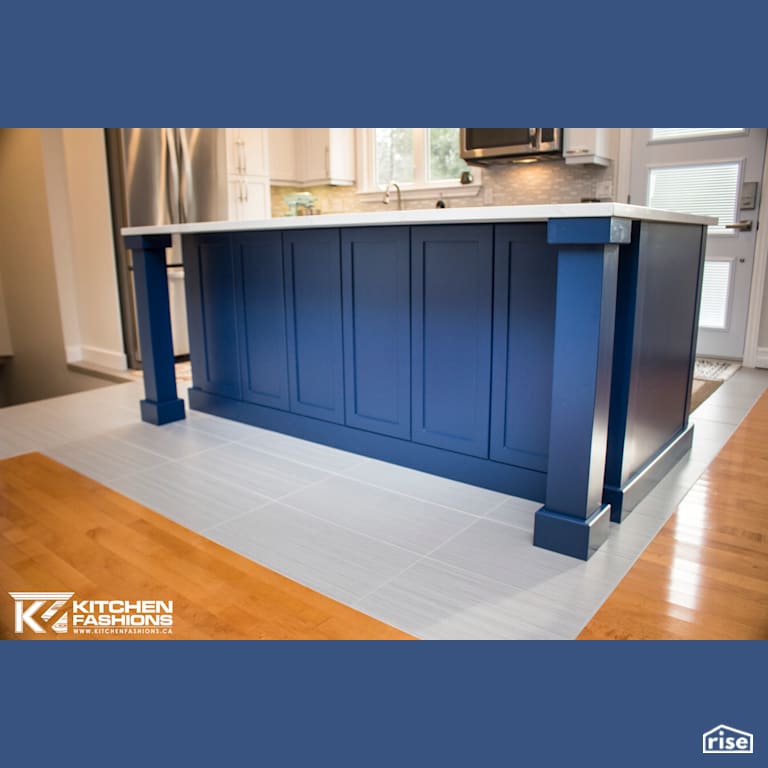 Kitchen Fashions - Bright Blue and White Kitchen with Refrigerator by Home Fashions