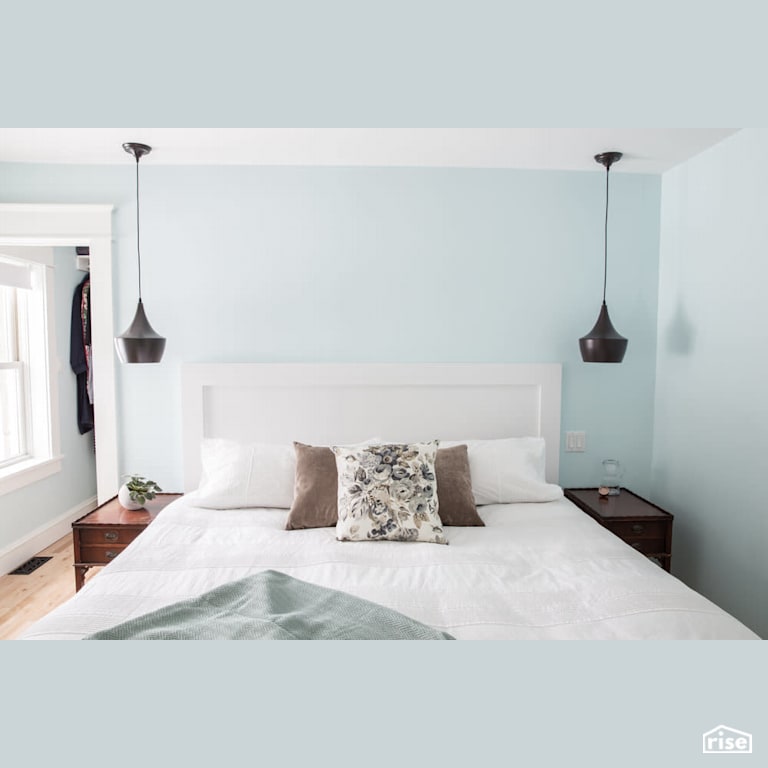 Master bed with ceiling hung LED lights with Engineered Hardwood by Reimagine Designs