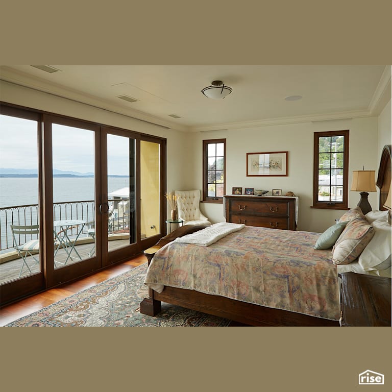 Master bedroom with water view with Engineered Hardwood by Gant Nychay Architecture PLLC