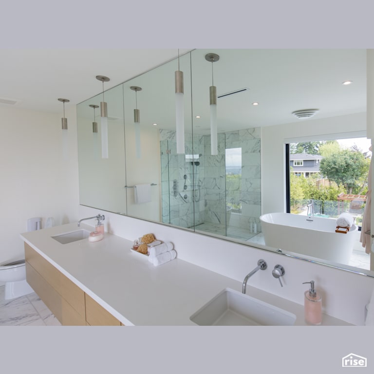 Double Sink Bathroom with Ceramic Tile Floors by Synthesis Design